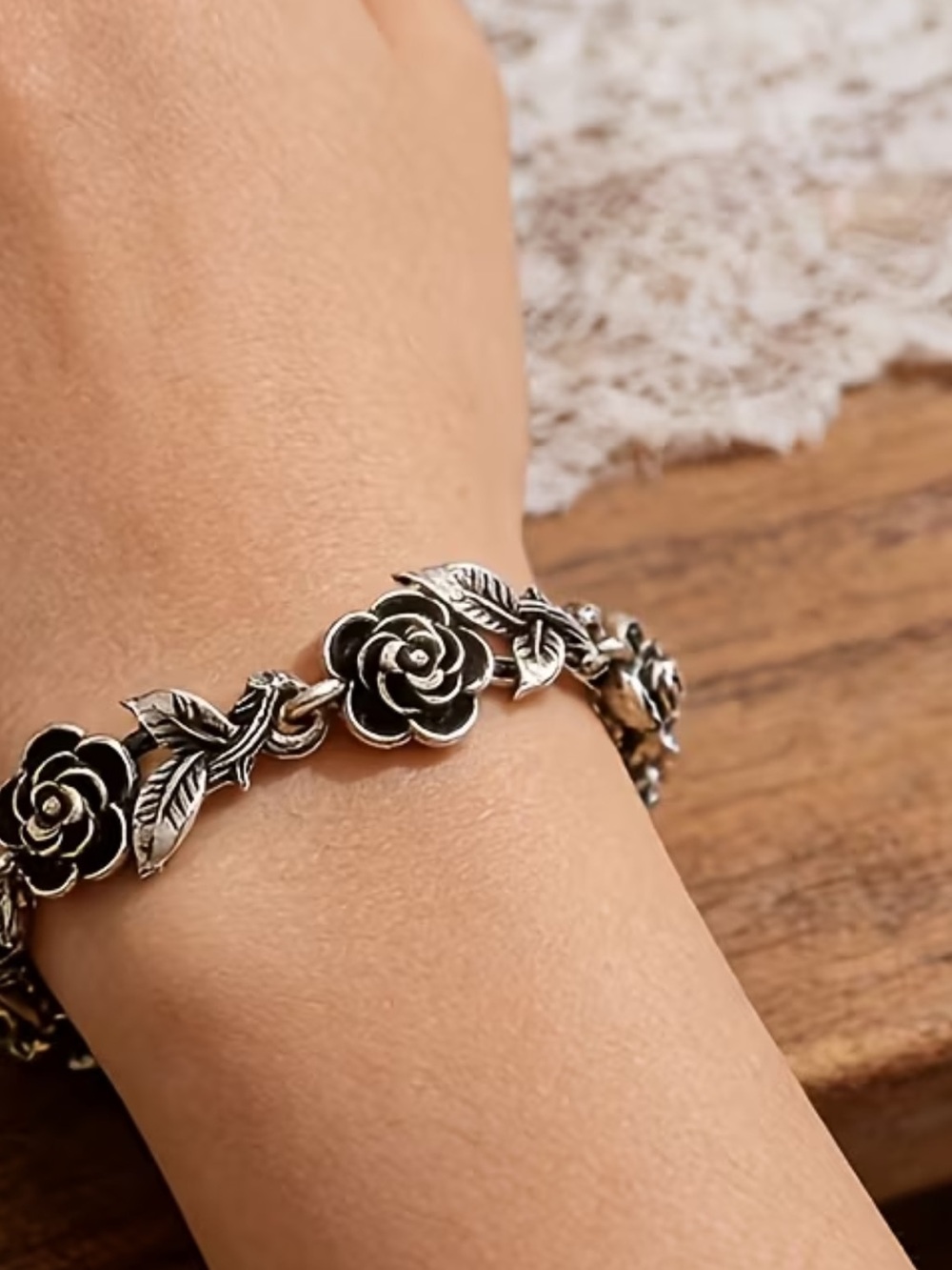 Silver Rose Link Bracelet - Floral Women’s Jewelry